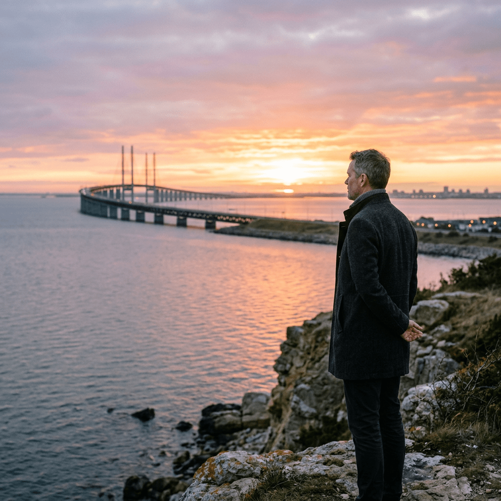 Man standing on rocky shore looking at bridge during sunset